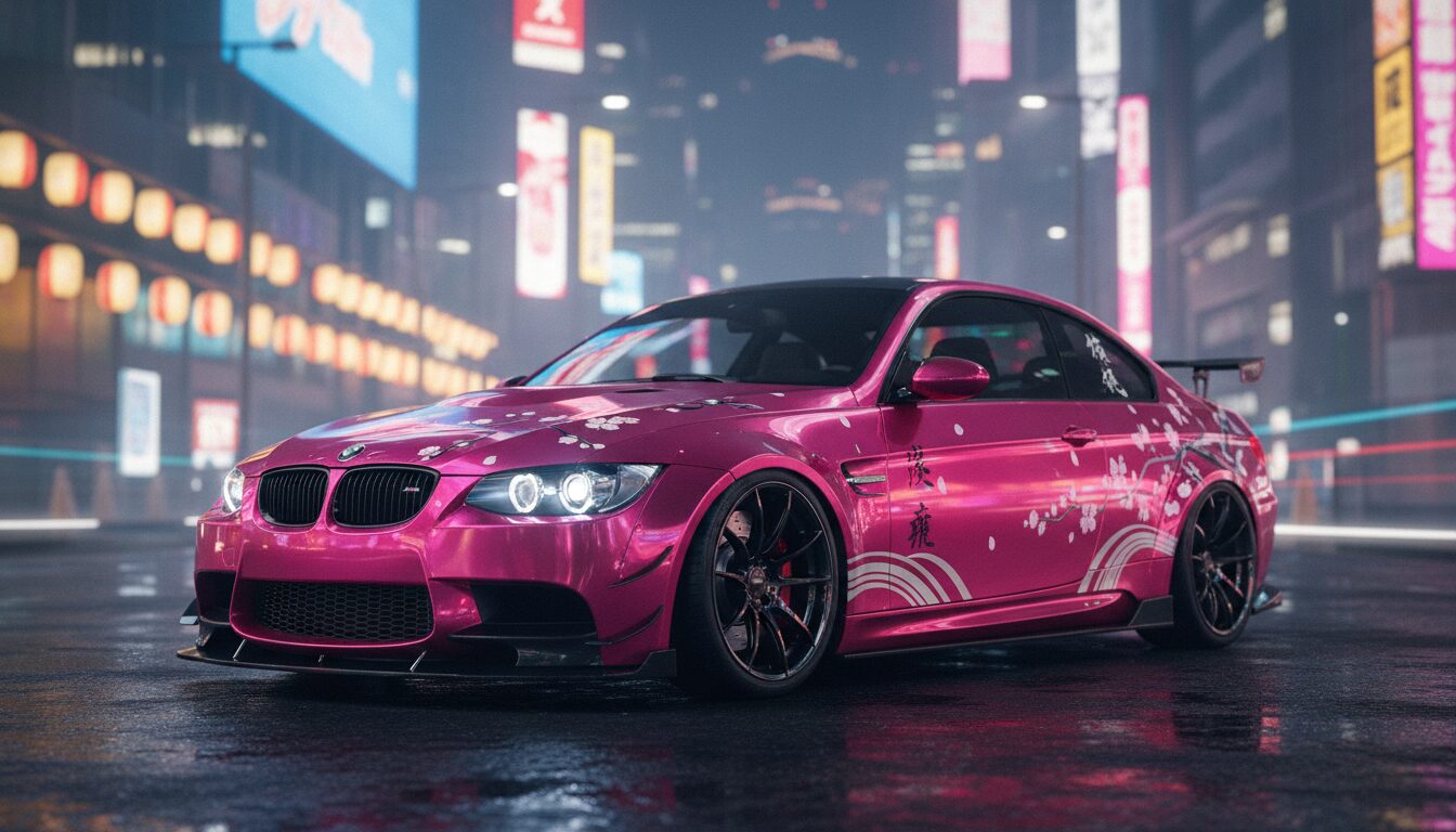 découvrez la bmw m3 e92 revisitée à la japonaise avec un choix audacieux de couleur rose. un mélange unique de style européen et japonais qui intrigue et séduit. un must incontournable pour les passionnés de tuning et d'originalité.
