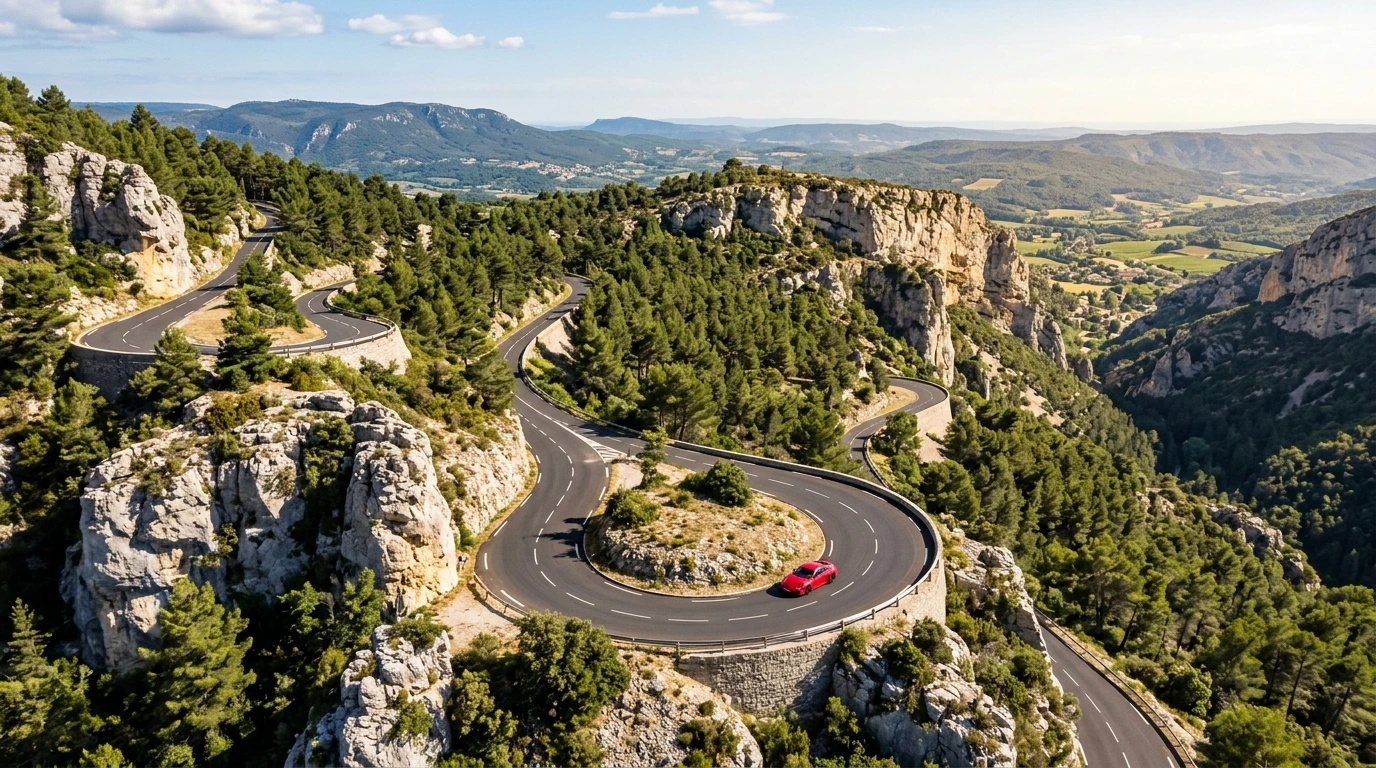 Road trip en voiture sportive sur route de montagne