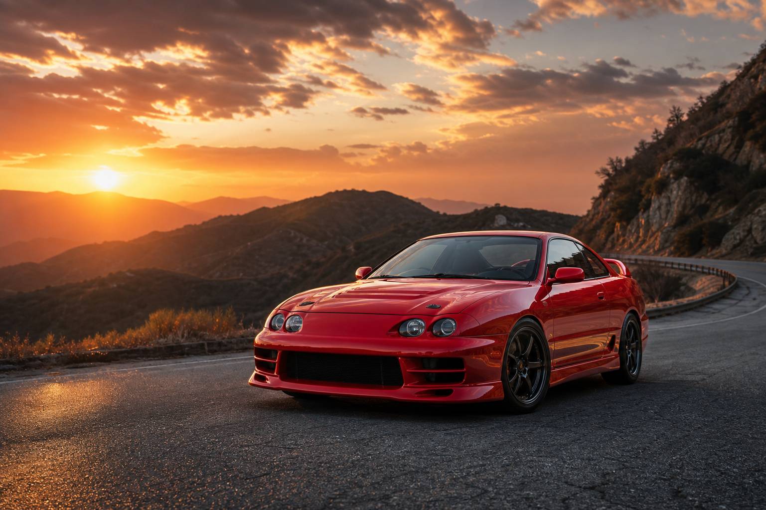 Acura Integra Type R rouge sur route de montagne au coucher du soleil