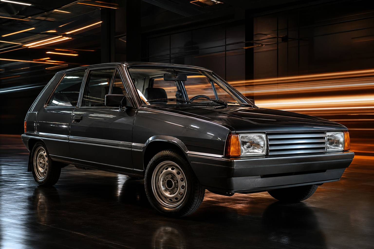 Citroen Axel ancienne modele exposee dans un showroom eclairage dramatique