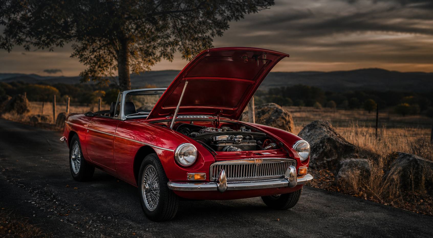 MGB roadster classique rouge des années 60, capot ouvert, détails mécaniques et chrome, route de campagne