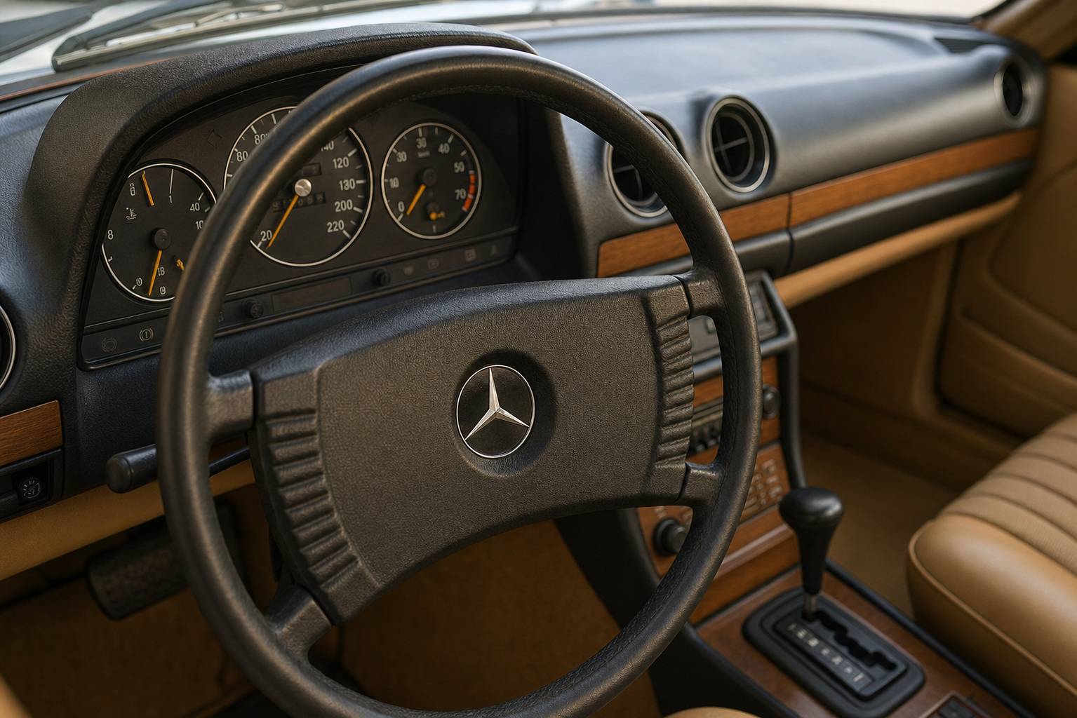 Tableau de bord Mercedes C123 intérieur bois et cuir