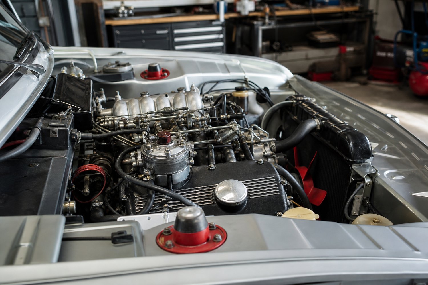 BMW 2002 Tii Ultrabox avec injection Kugelfischer, vue moteur dans atelier mécanique
