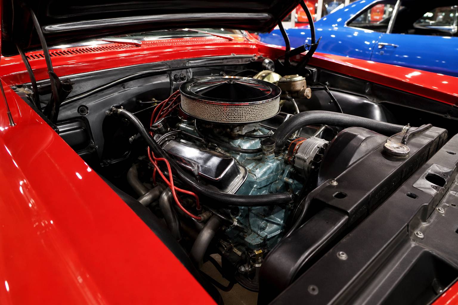 Details du moteur V8 d'une Pontiac GTO lors d'un salon automobile de collection