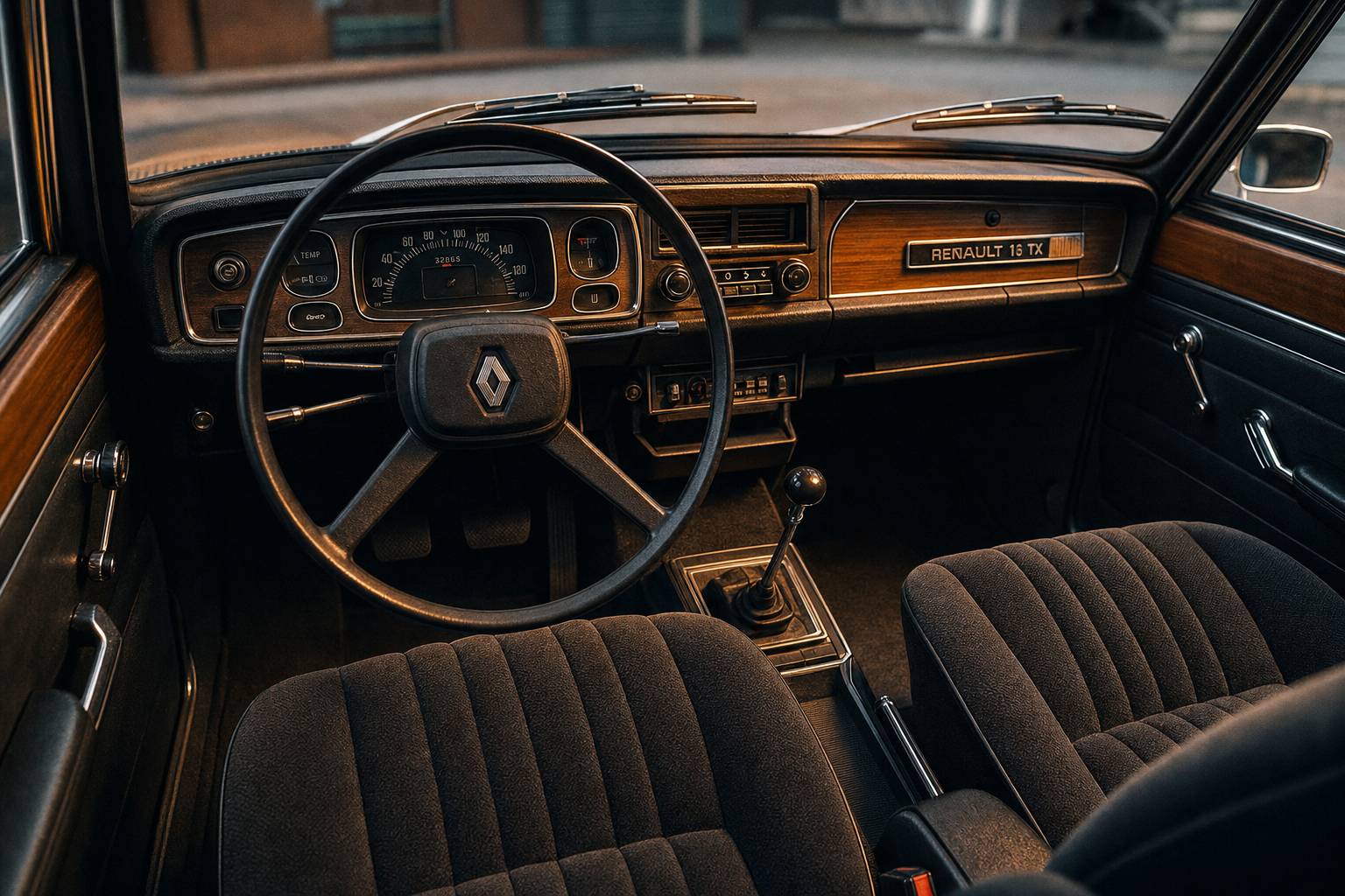 Intérieur et tableau de bord de la Renault 16 TX avec volant et commodités