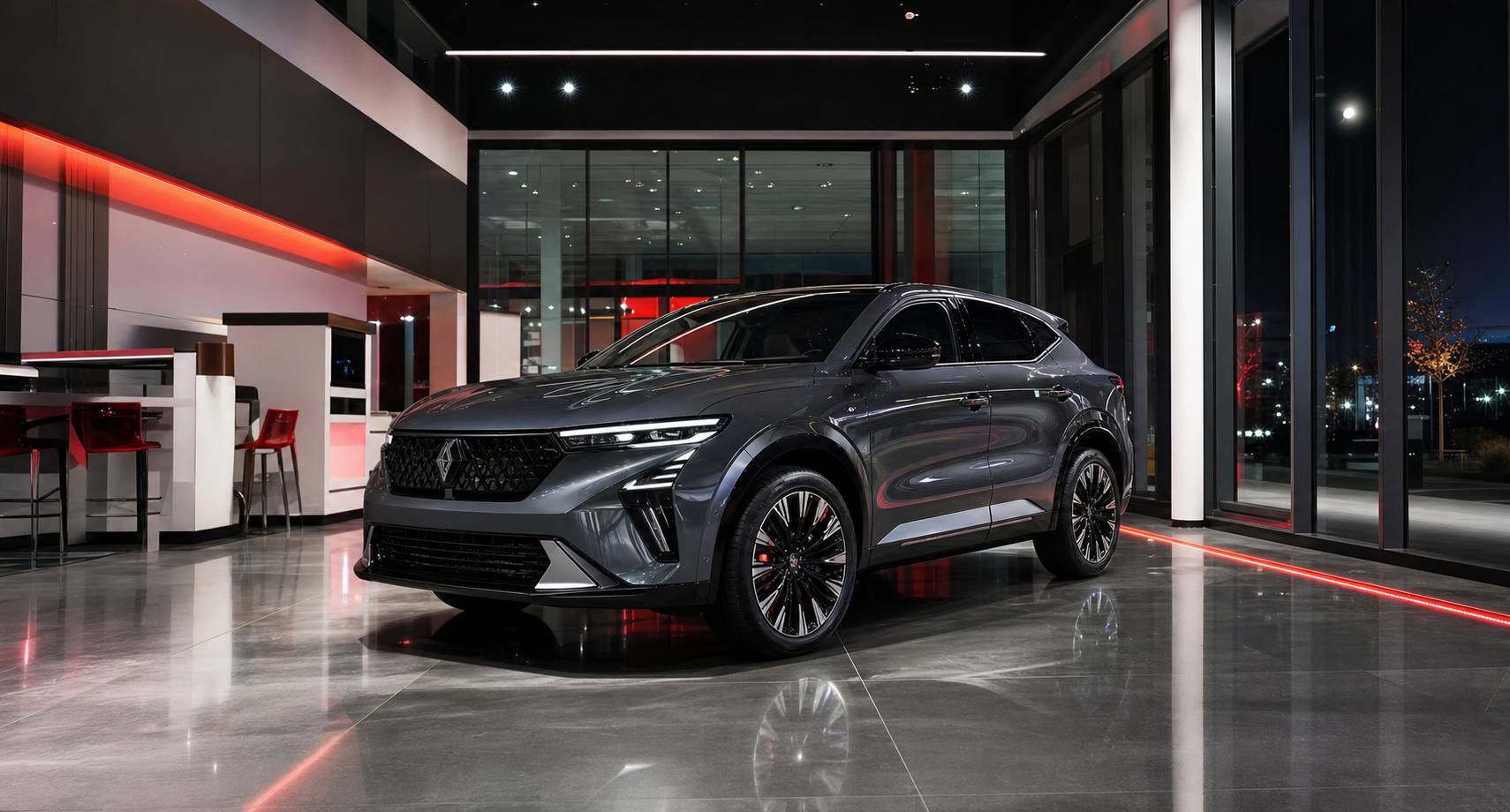 Showroom Renault eclairage LED nocturne vehicule sous projecteurs reflets carrosserie
