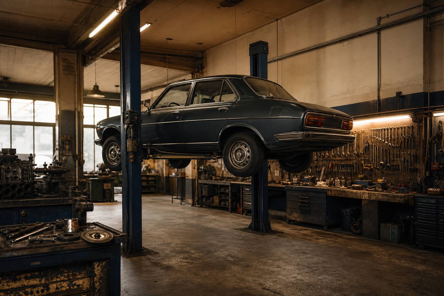 Atelier de restauration automobile avec Peugeot 604 ancienne sur pont élévateur