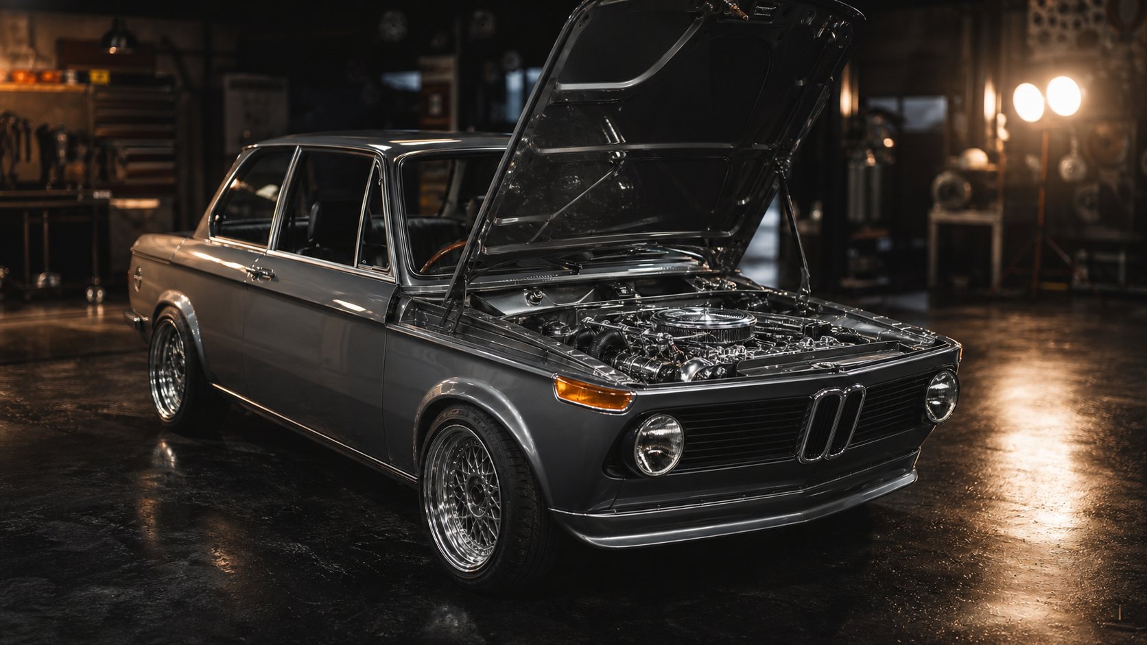 Voiture ancienne BMW classique dans un atelier de collection avec capot ouvert