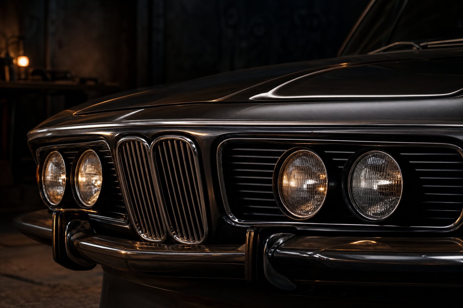 Calandre chromée et phares ronds d'une BMW classique des années 70
