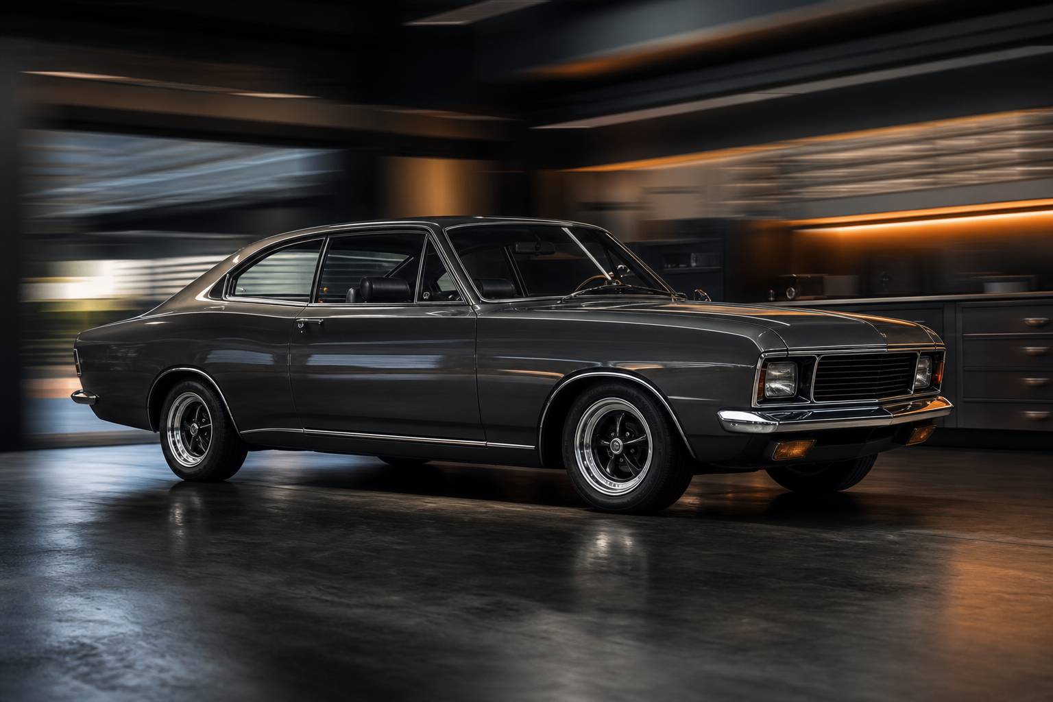 Opel Commodore A des années 70, profil élégant avec carrosserie chromée en garage
