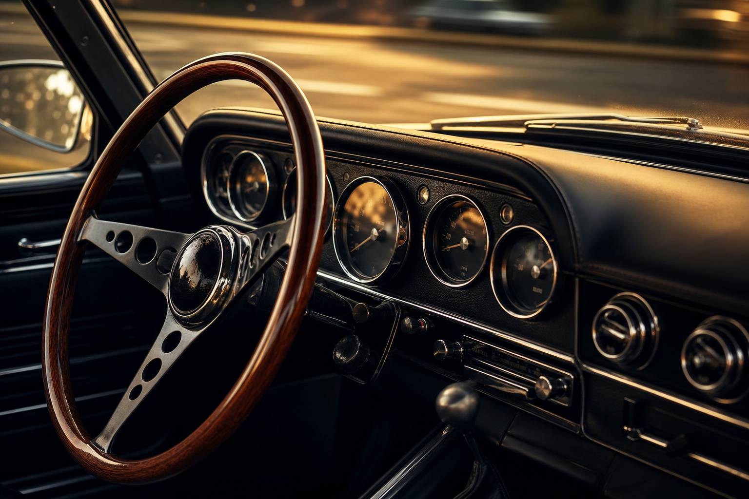 Tableau de bord vintage d'Opel Commodore avec compteurs ronds et volant bois