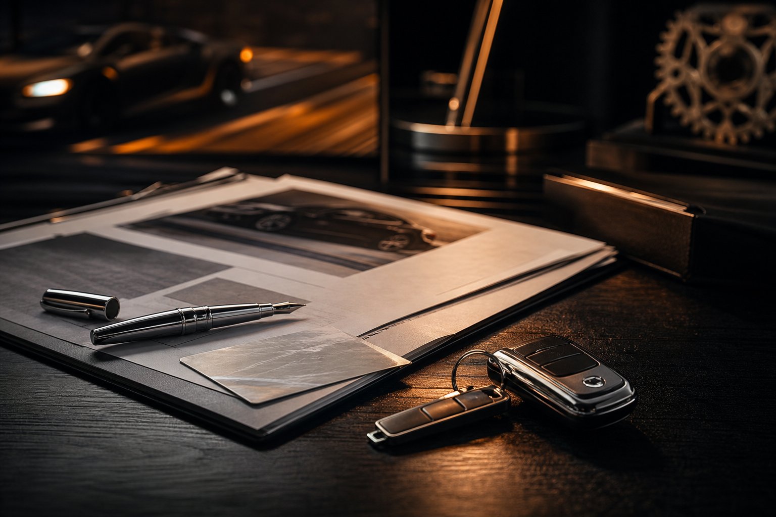 Documents administratifs automobiles contrat vente et carte grise sur bureau lumineux