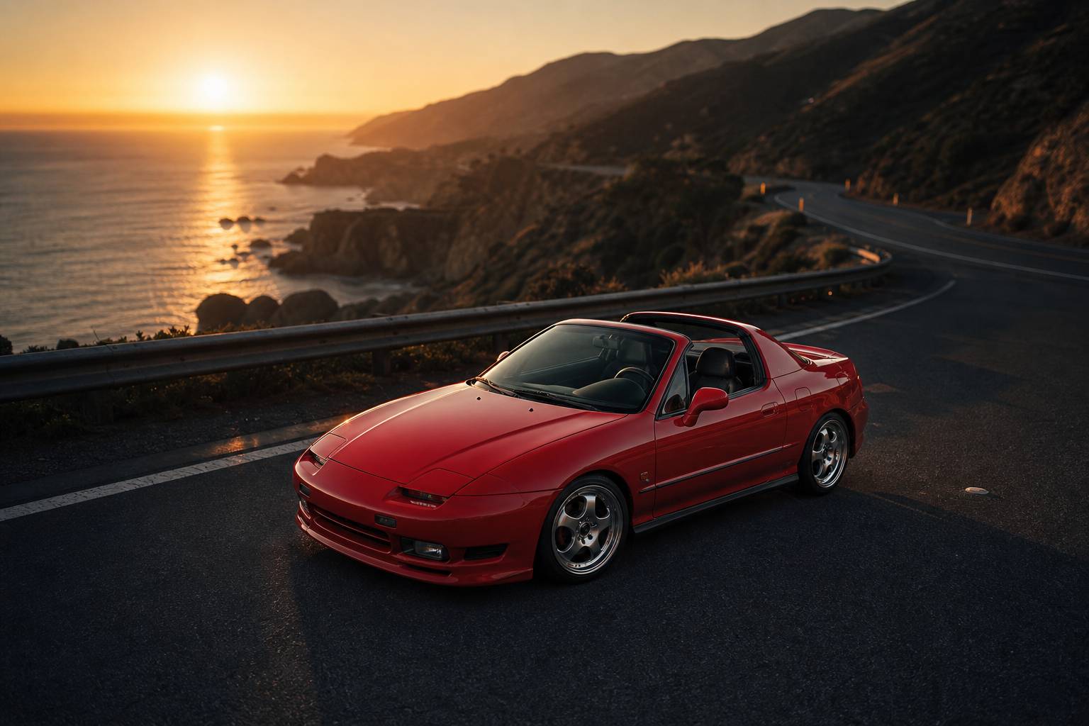 Honda CRX Del Sol rouge sportive des années 90 sur route côtière