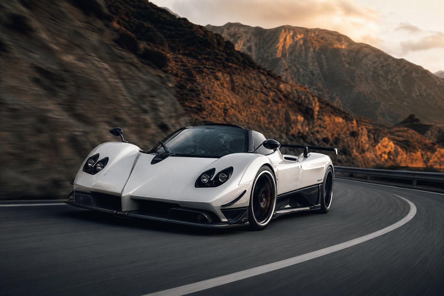 Pagani Zonda F blanche roulant sur une route de montagne au design italien