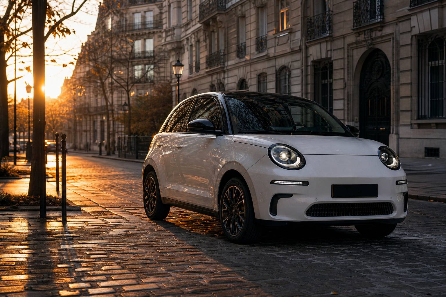 Petite citadine blanche garée dans rue pavée européenne au coucher du soleil