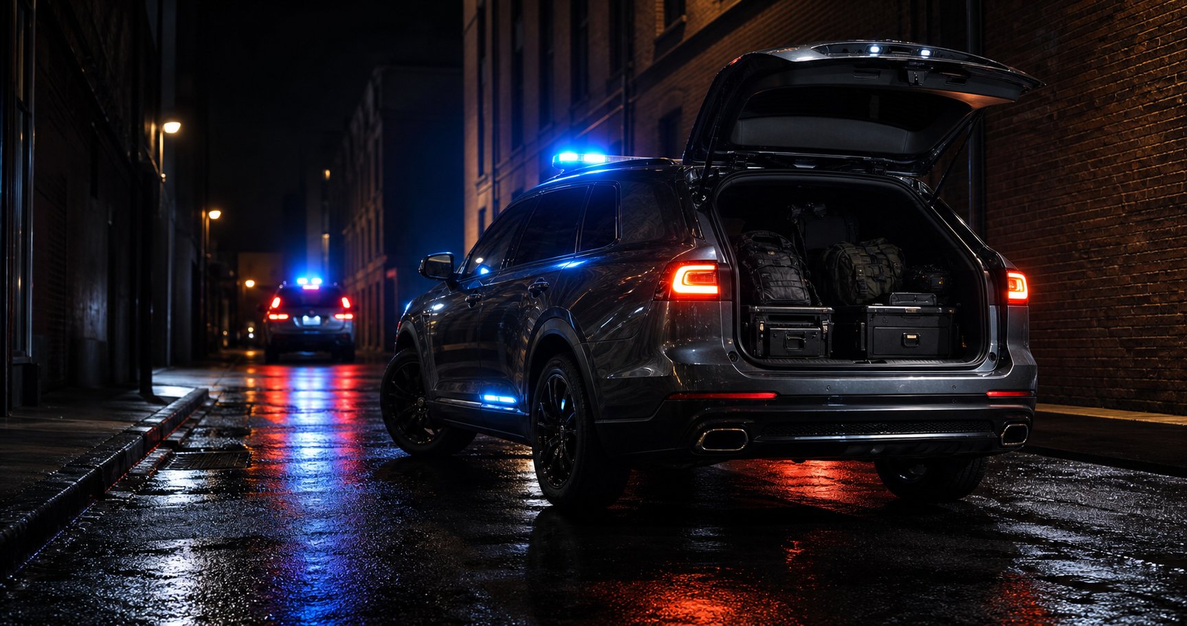 Scene nocturne cinematographique intervention police reflets sur chaussee mouillee