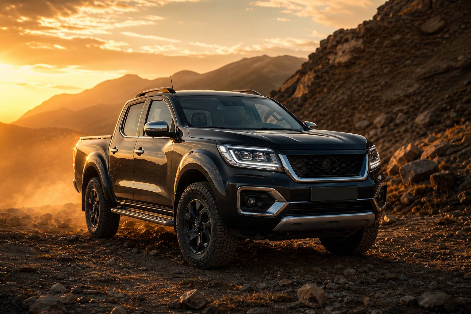 Renault Alaskan pickup utilitaire robuste sur route de montagne au coucher du soleil