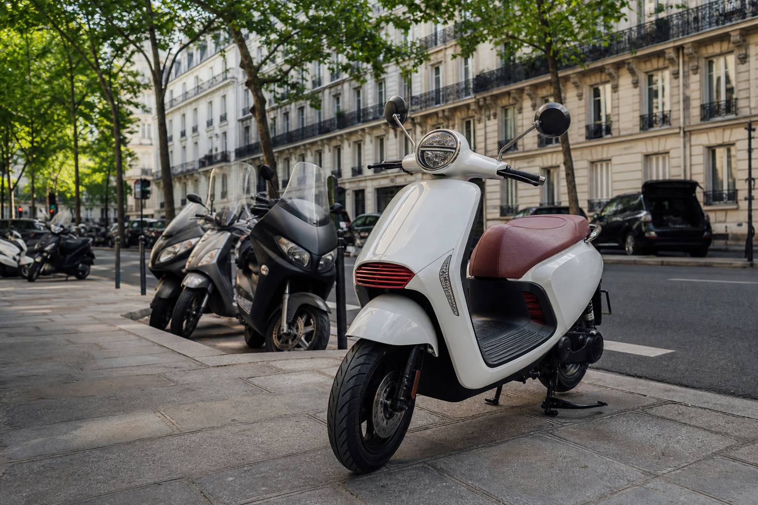 Rue urbaine animee avec scooters gares focus scooter moderne elegant