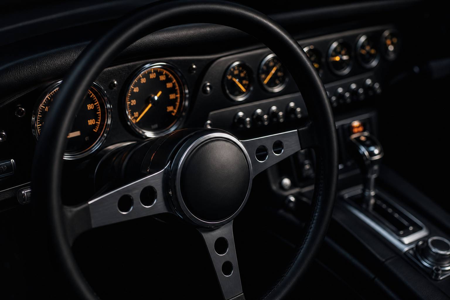 Tableau de bord et volant de voiture ambiance nocturne eclairage dramatique