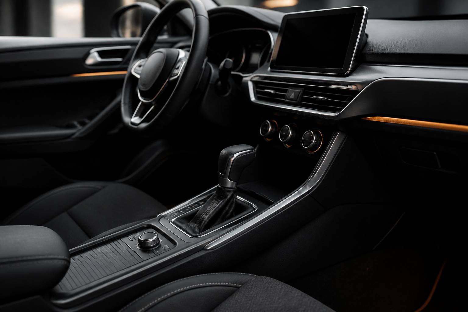 Intérieur de compacte moderne avec levier de vitesse et console centrale