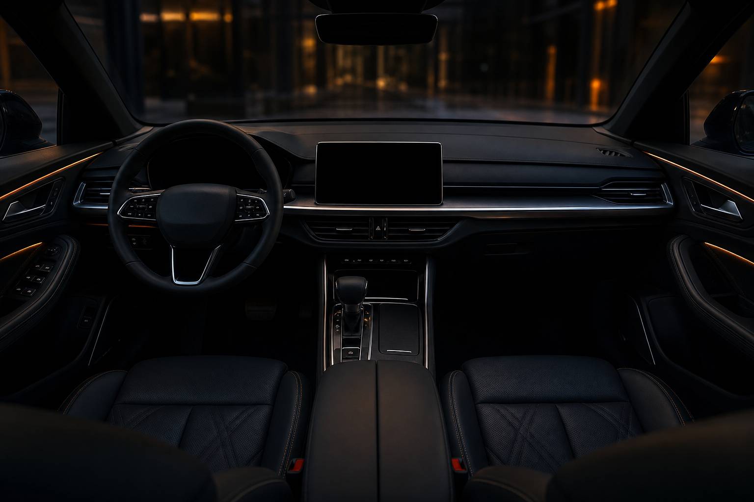 Intérieur de SUV moderne avec tableau de bord épuré et sellerie en cuir sombre