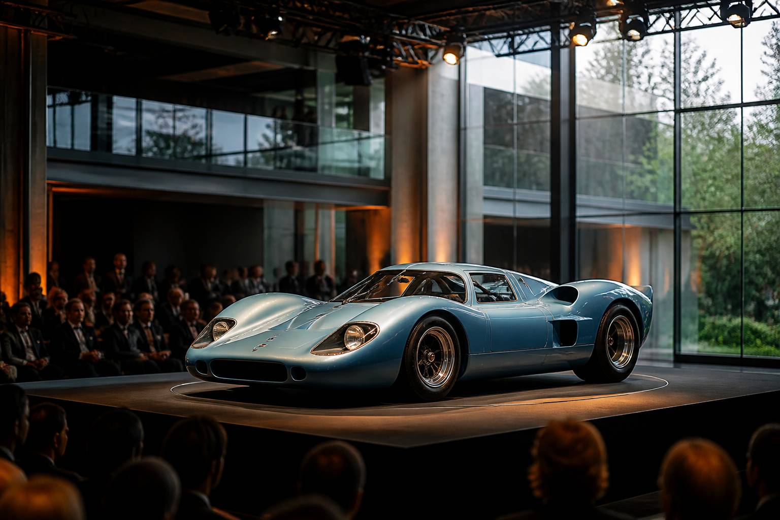 Voiture de course bleue des années 1990 sur podium de vente aux enchères haut de gamme