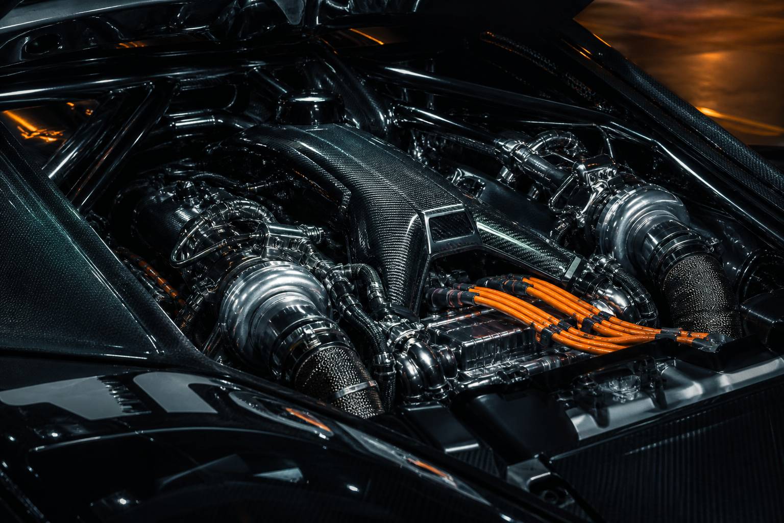 Compartiment moteur d'hypercar avec V6 hybride et fibre de carbone
