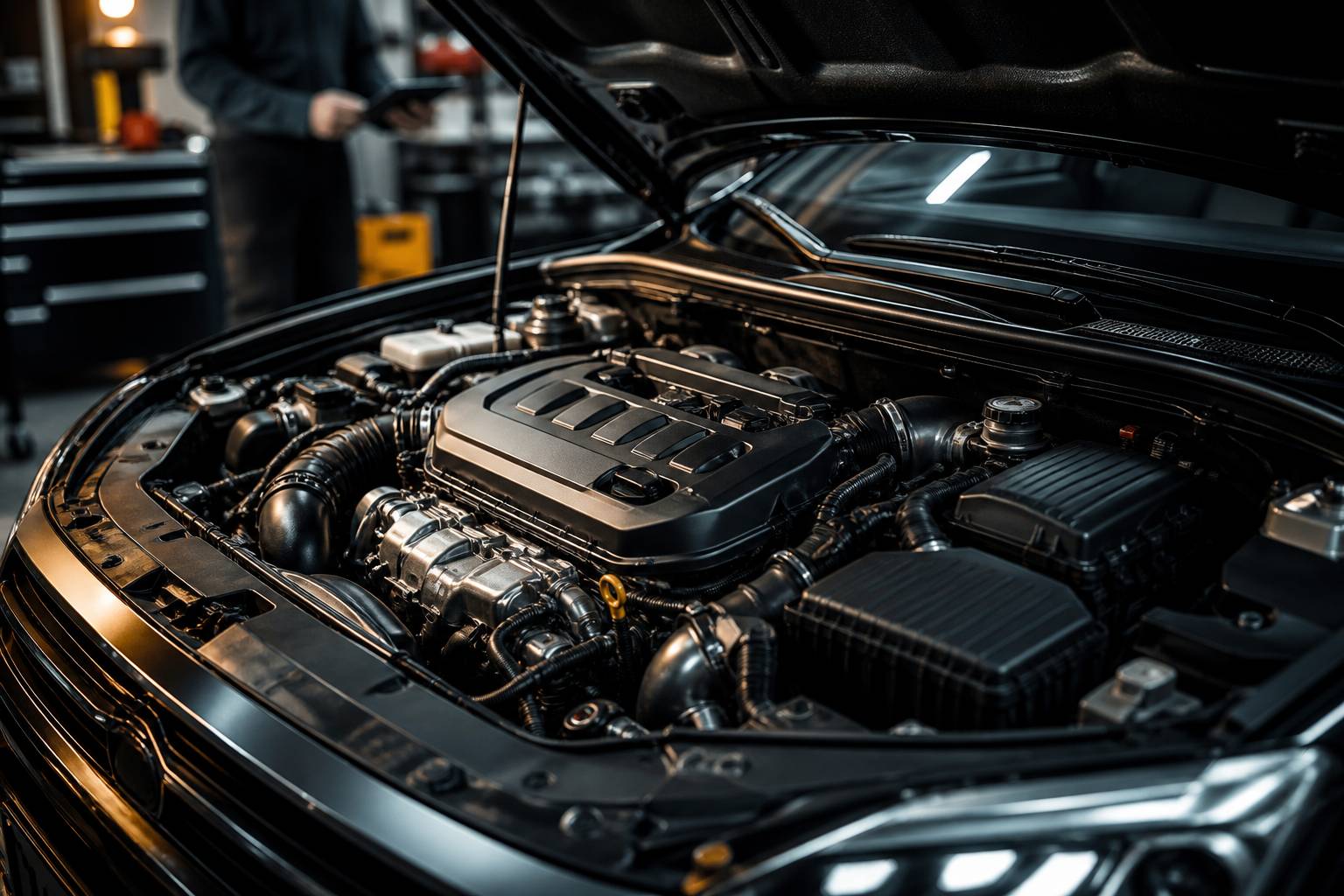 Compartiment moteur diesel ouvert d'une berline générique en atelier