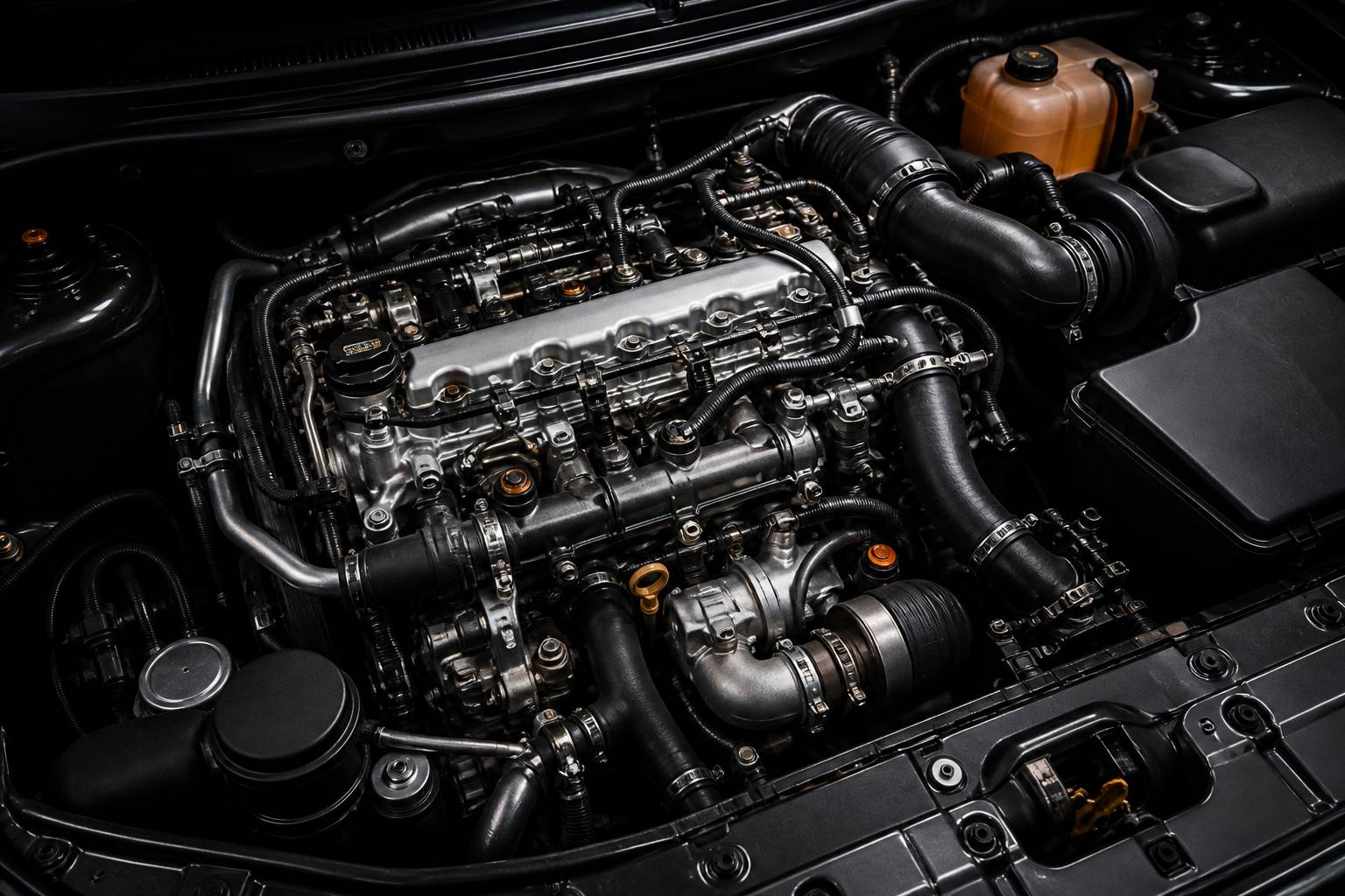 Moteur diesel ouvert dans un compartiment propre sous éclairage de garage