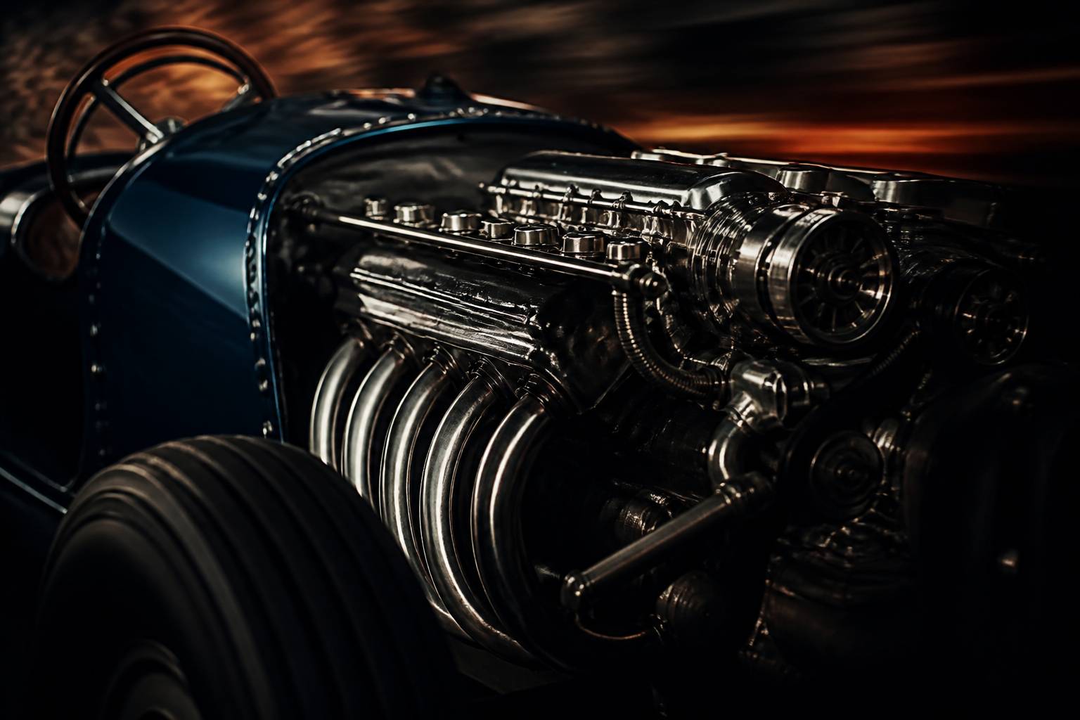 Moteur huit-cylindres avec compresseur d'une voiture de course ancienne