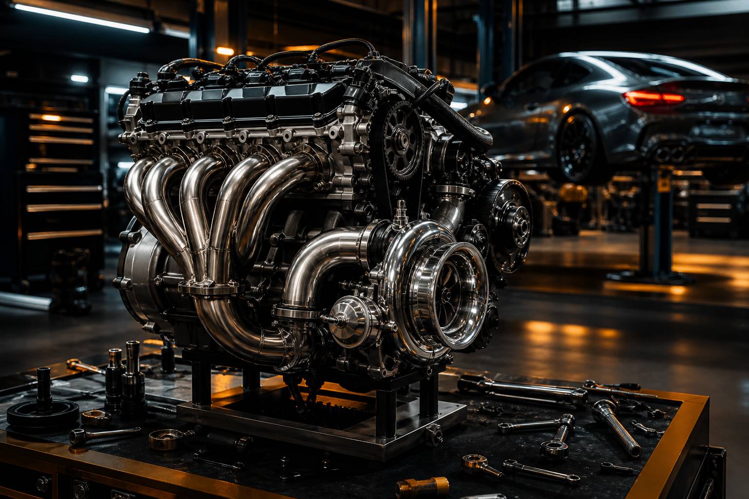 Moteur turbo sur support d'atelier avec turbocompresseur chromé