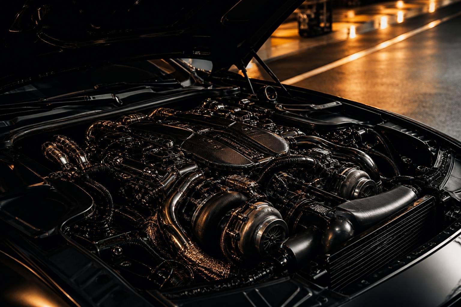 Moteur V8 biturbo visible sous un capot ouvert avec un éclairage dramatique