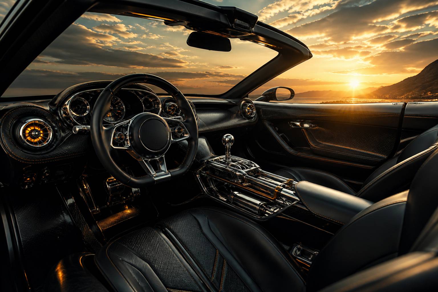 Cockpit en cuir d'une supercar roadster avec tableau de bord sculpte et ciel ouvert