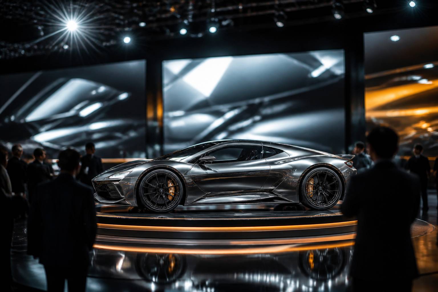 Stand de salon automobile avec une voiture de sport générique sur un plateau tournant
