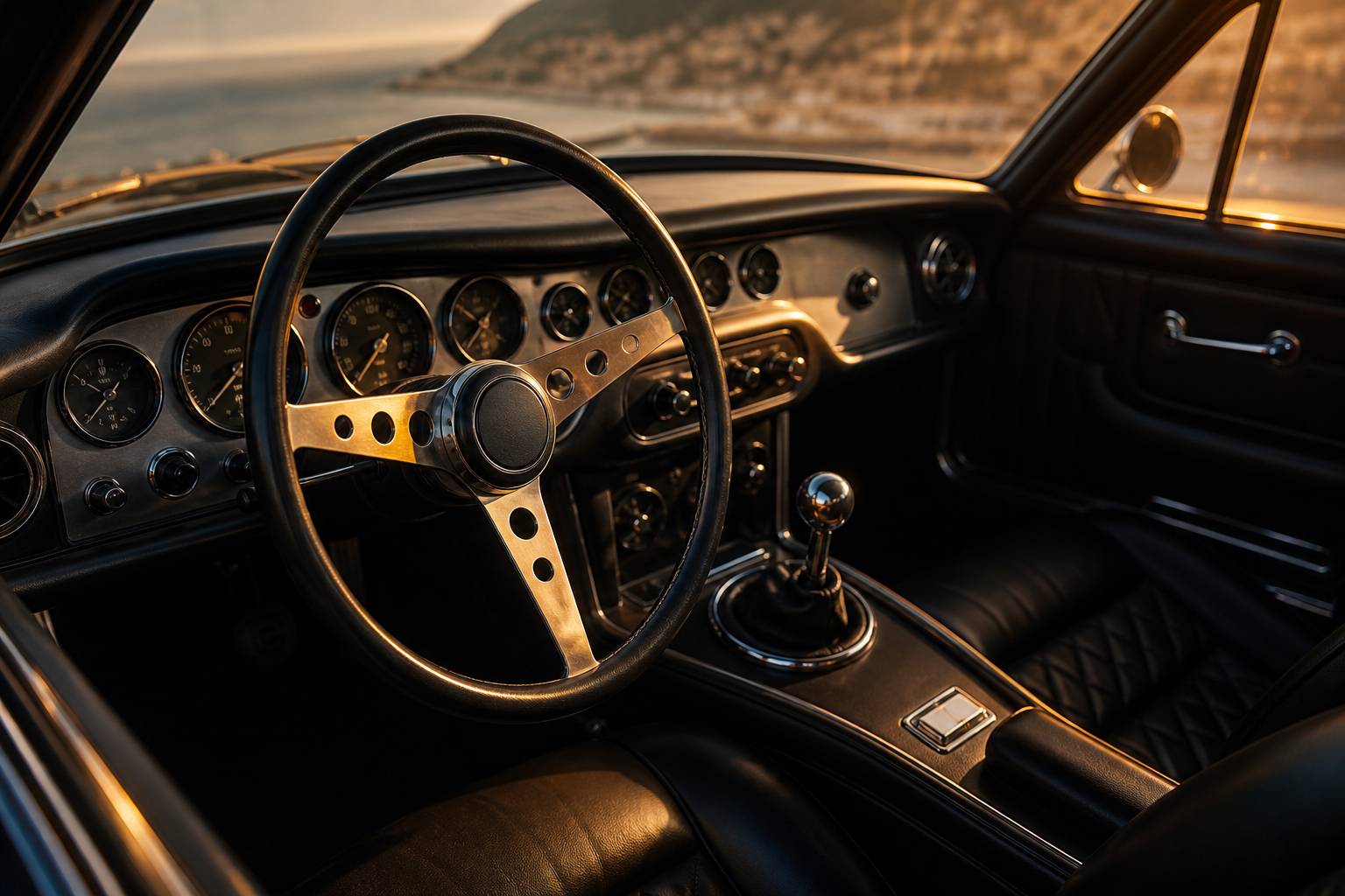 Habitacle de supercar classique avec volant et compteurs sans texte