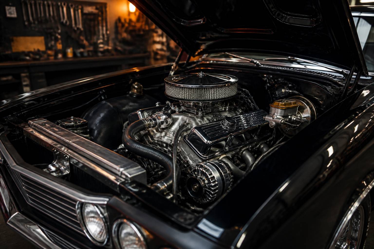 Gros V8 américain chromé dans le compartiment moteur d'un coupé classique