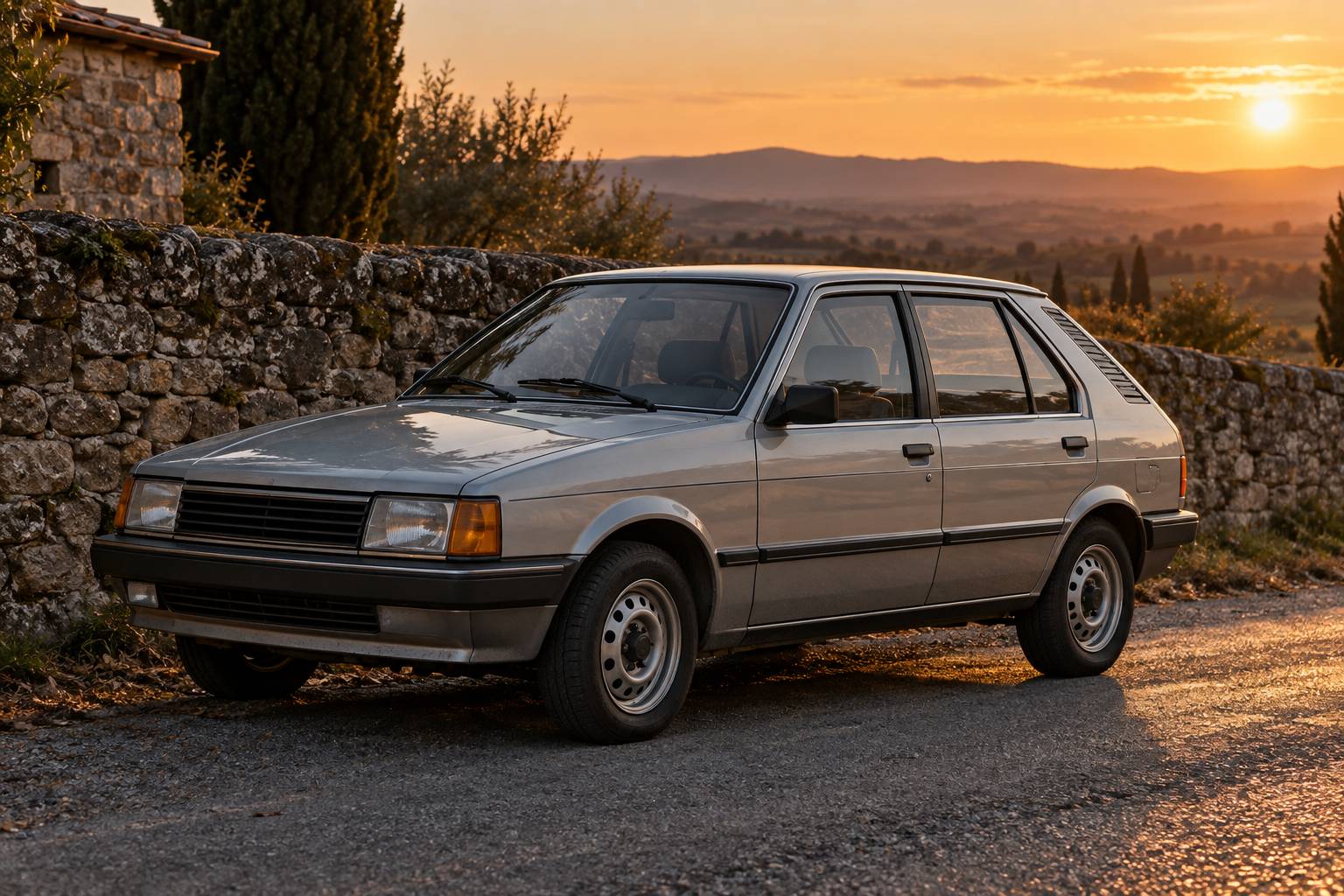 Berline compacte française des années 80 garée devant un mur de pierre au coucher du soleil