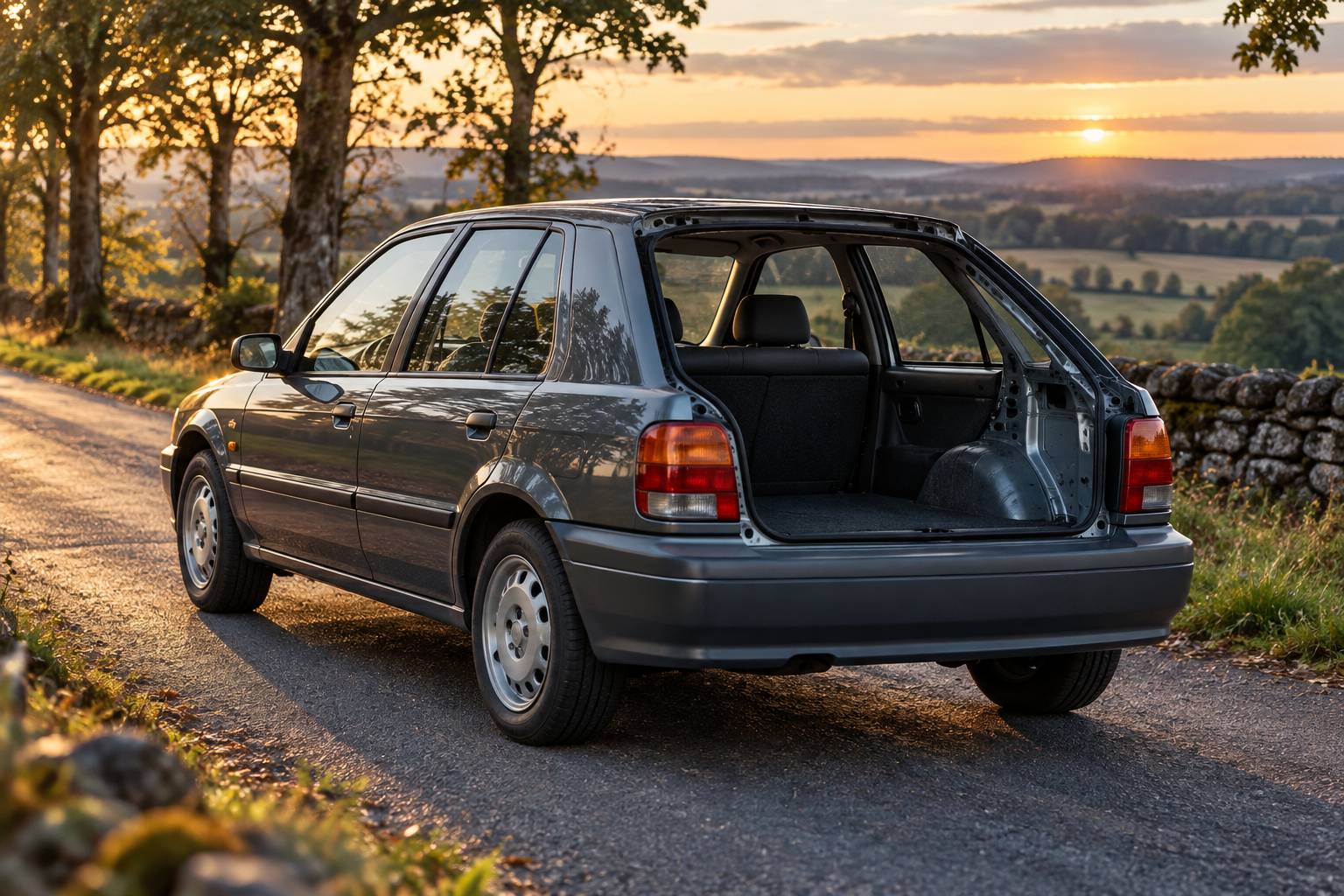 Berline compacte ancienne sur une route de campagne en fin de journee