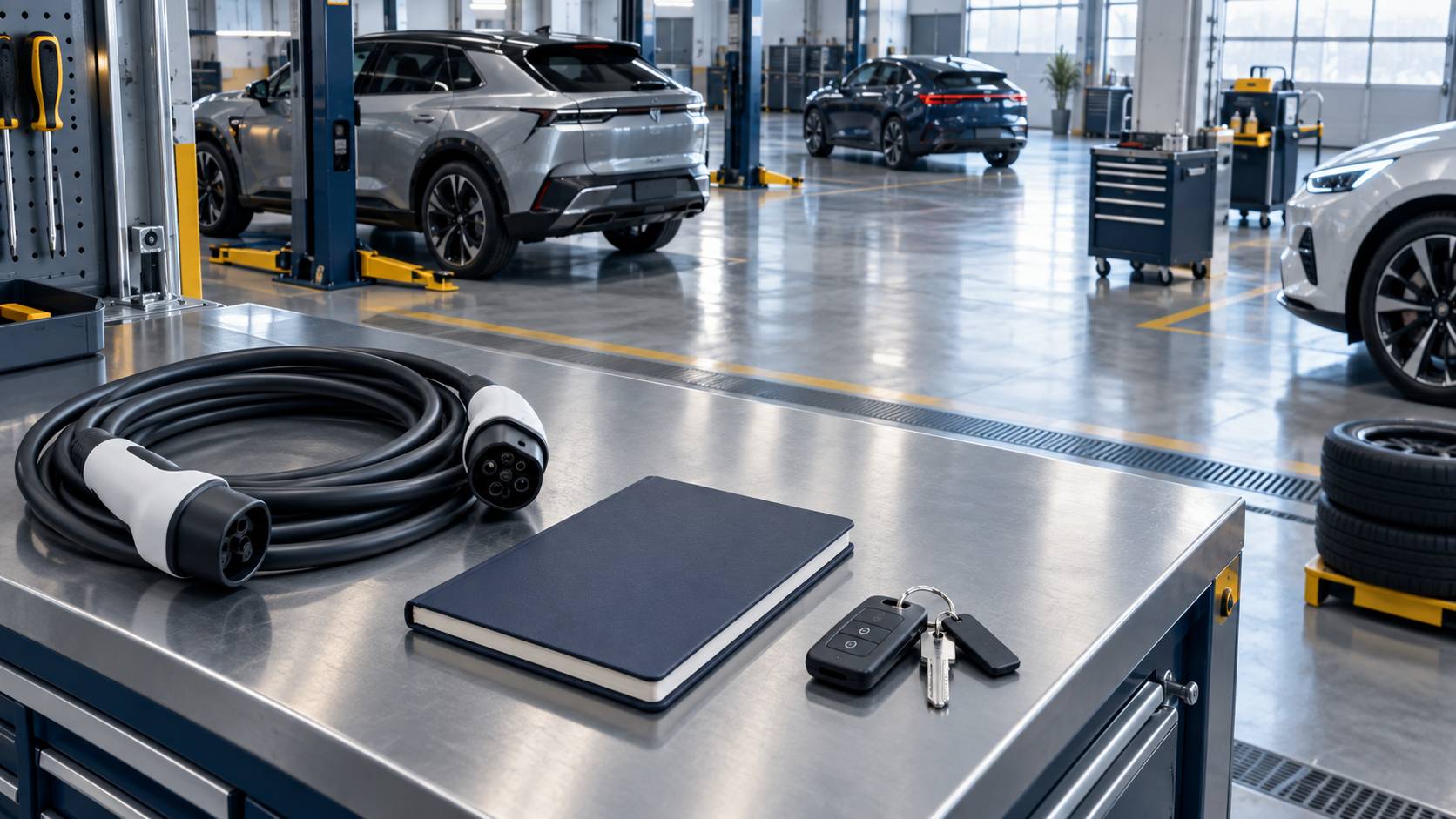 Cable de recharge enroule et carnet d'entretien ferme dans un garage