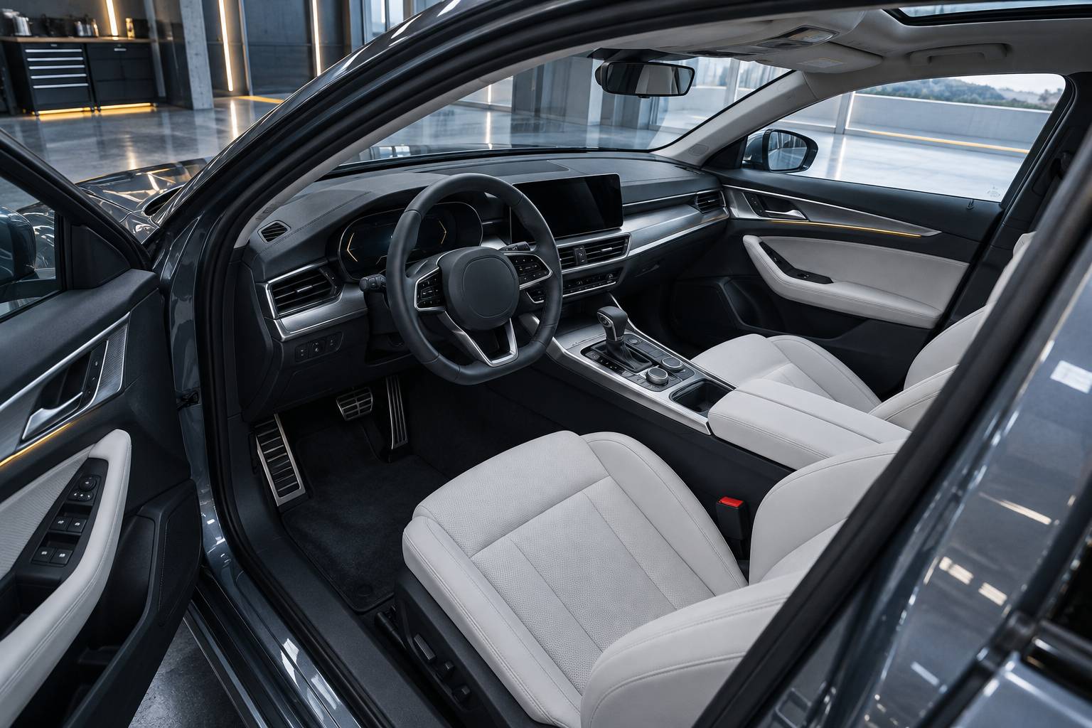 Intérieur automobile sombre avec volant en cuir et sellerie claire