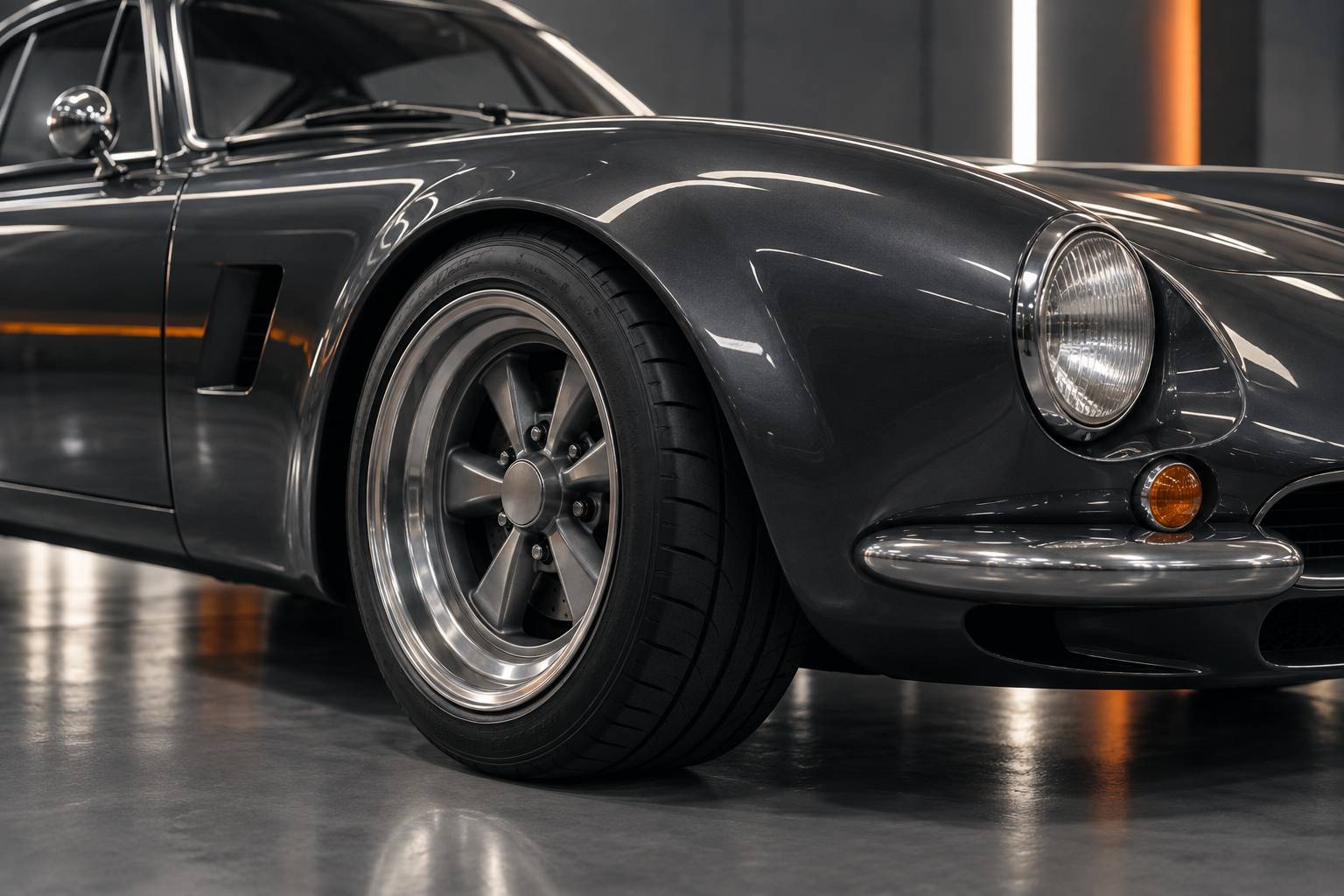Aile galbée et jante large d'un coupé ancien aux reflets doux