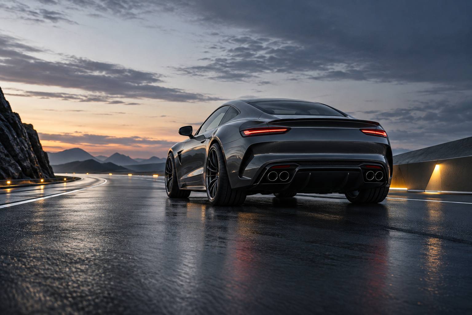 Arrière d'un coupé sportif sombre anonyme avec échappements inox sur une route déserte
