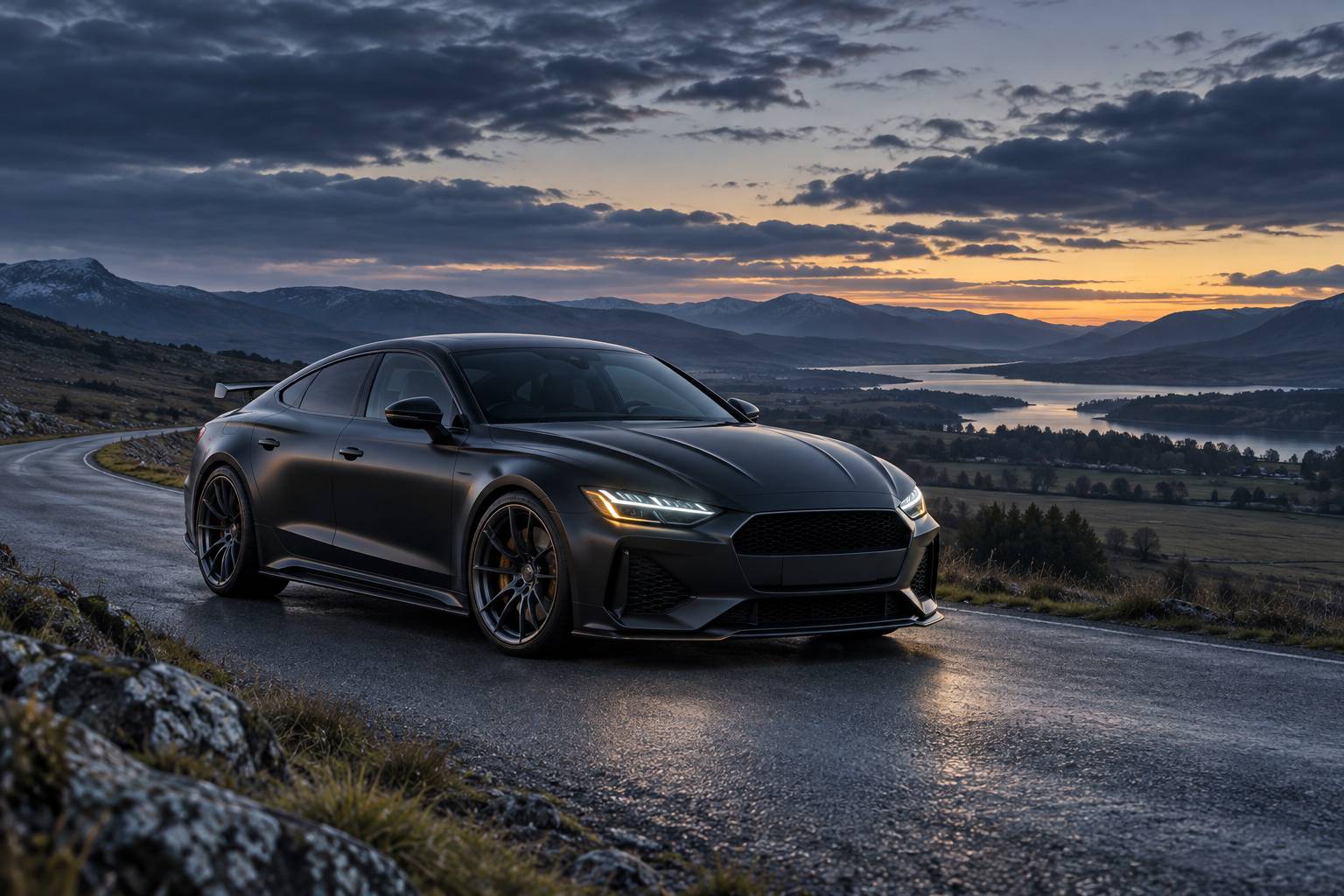 Berline coupé sportive sombre anonyme vue de trois quarts avant sur une route de campagne au crépuscule