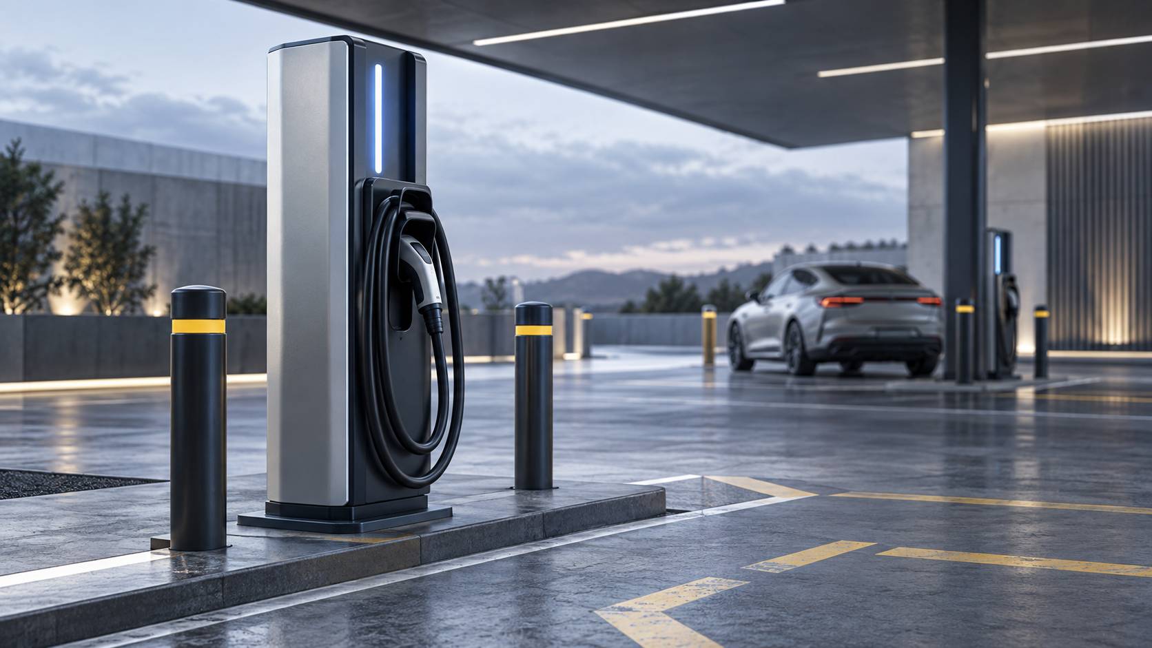 Borne de recharge rapide avec câble enroulé sur une aire de repos
