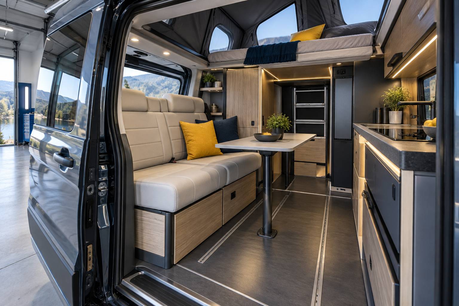 Interieur d'un fourgon amenage avec banquette en cuir et cuisine