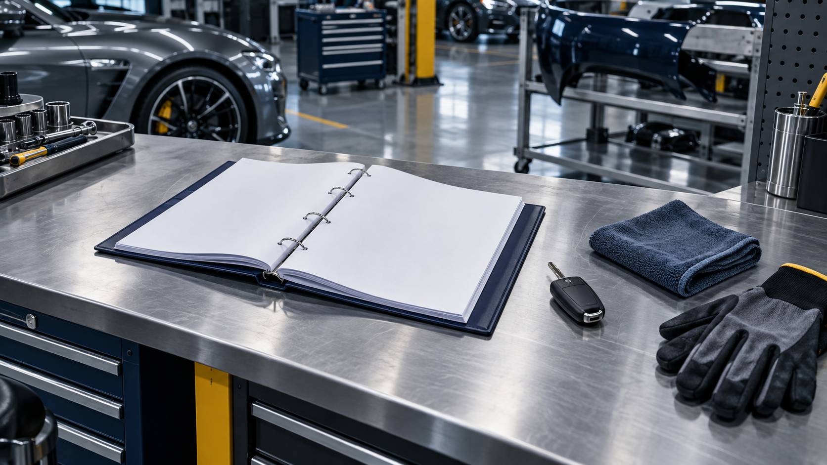 Classeur d'atelier et cle de voiture generique sur un etabli