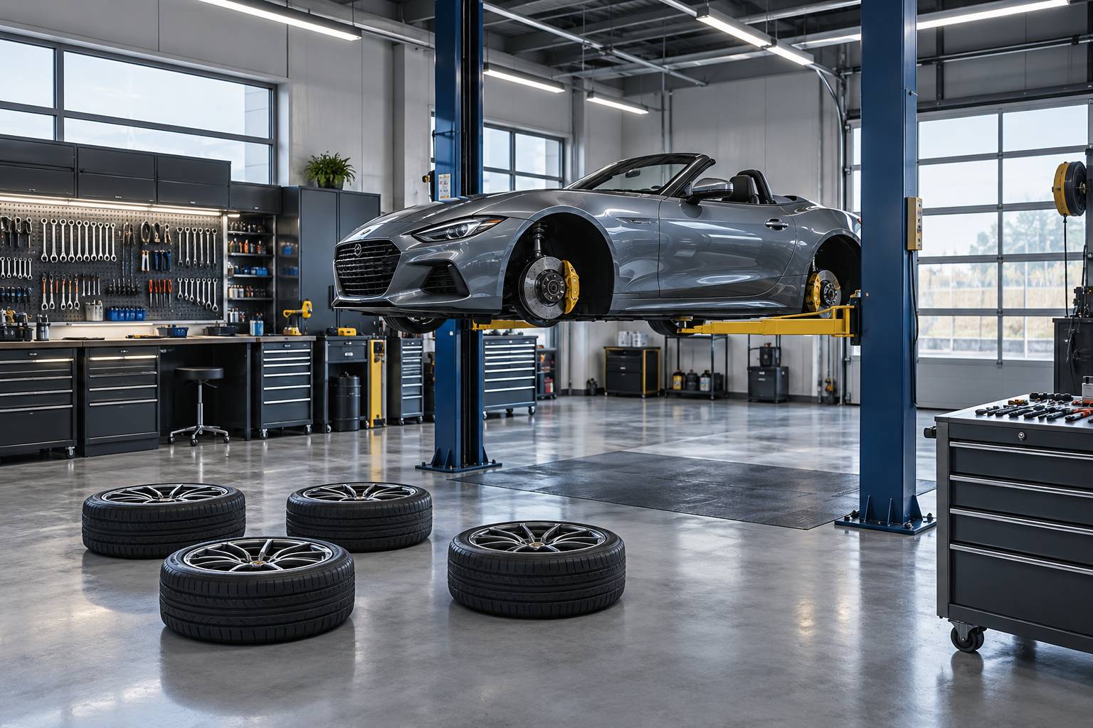 Roadster generique sur pont elevateur dans un garage d'entretien