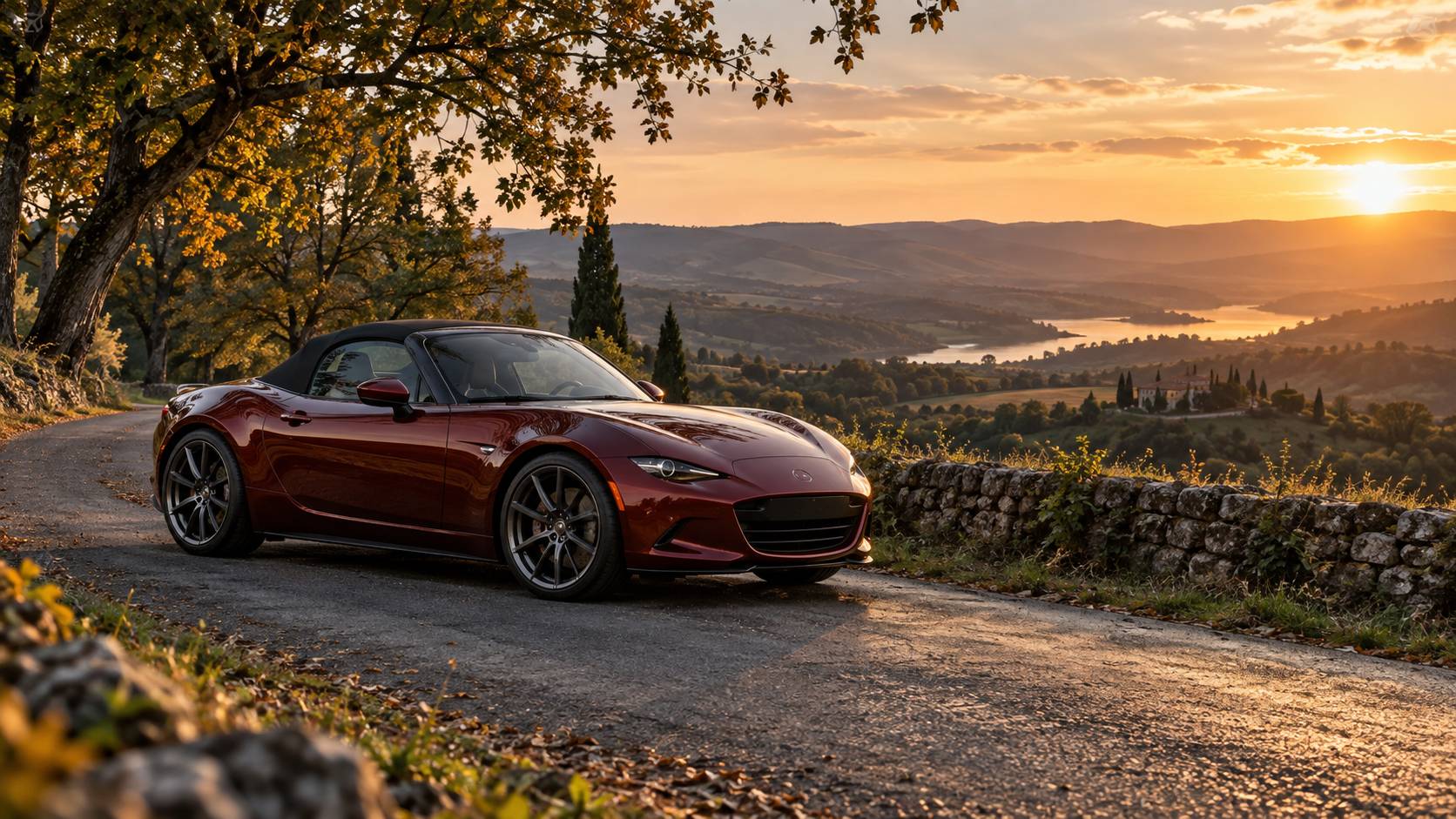 Cabriolet biplace generique rouge fonce sur une route de campagne