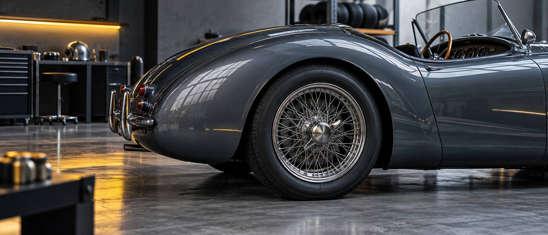 Détail d'une aile arrière arrondie et d'une roue à rayons de roadster