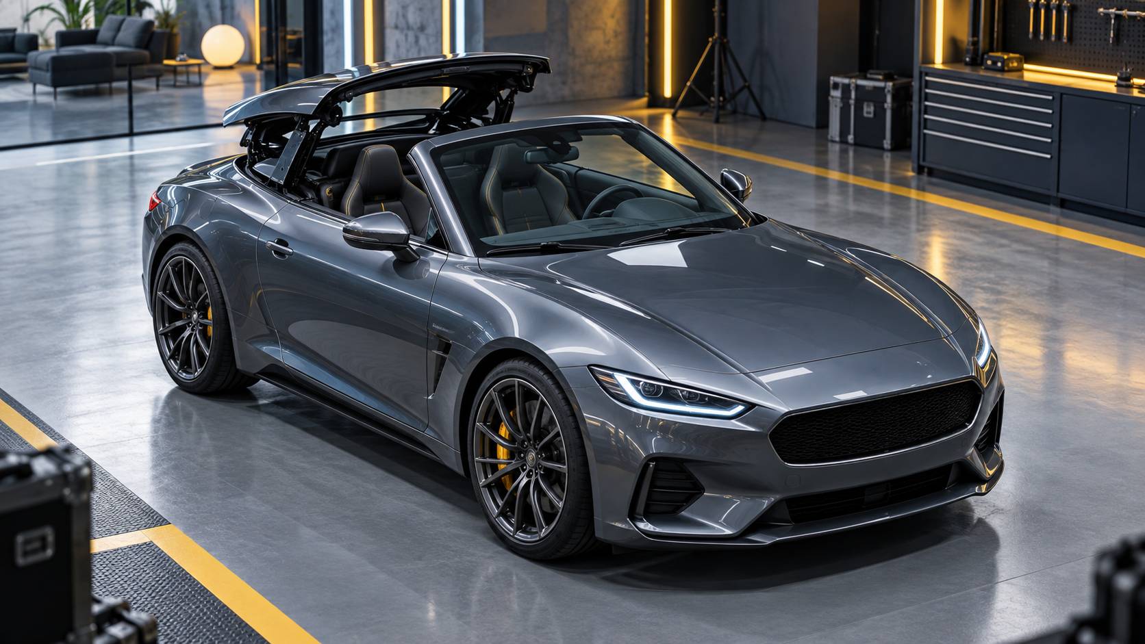 Vue rapprochee du toit rigide entrouvert d'un roadster compact generique